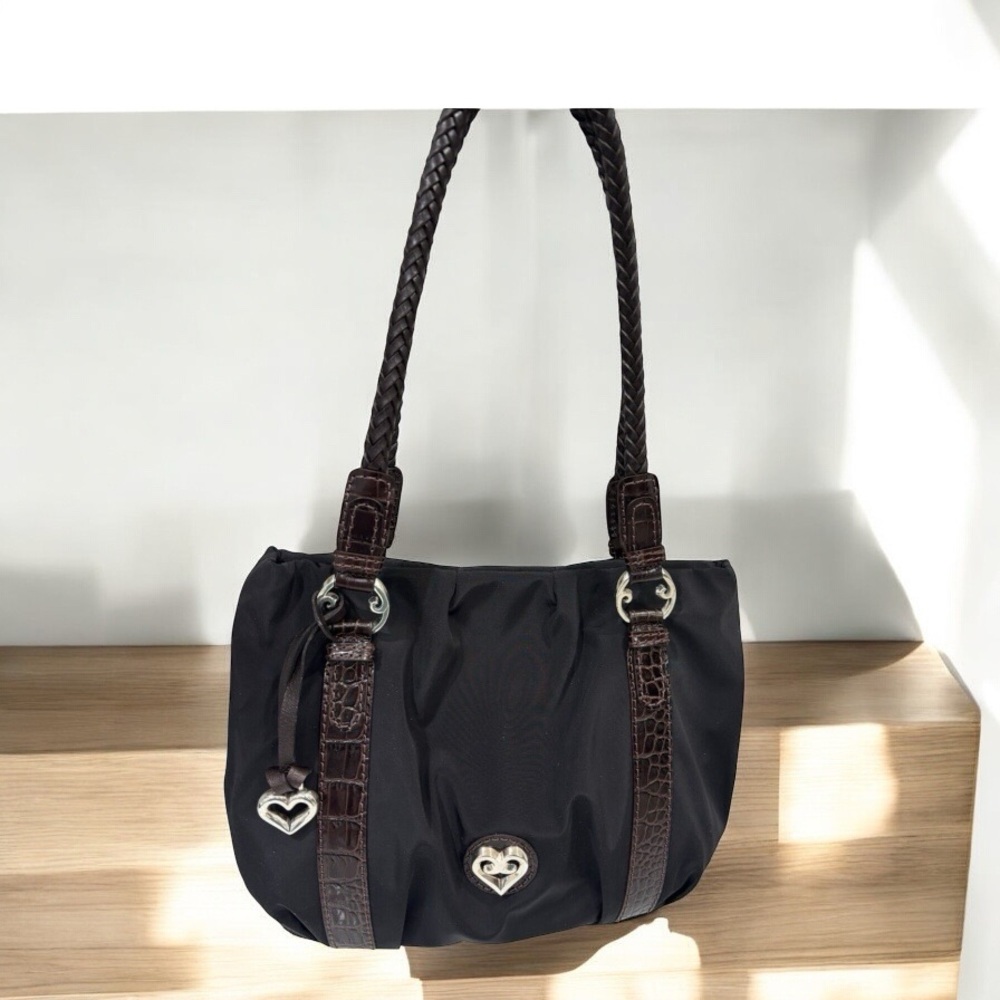 Brighton -Trendy Black and Brown Nylon/Leather Shoulder Bag - Picture 2 of 8